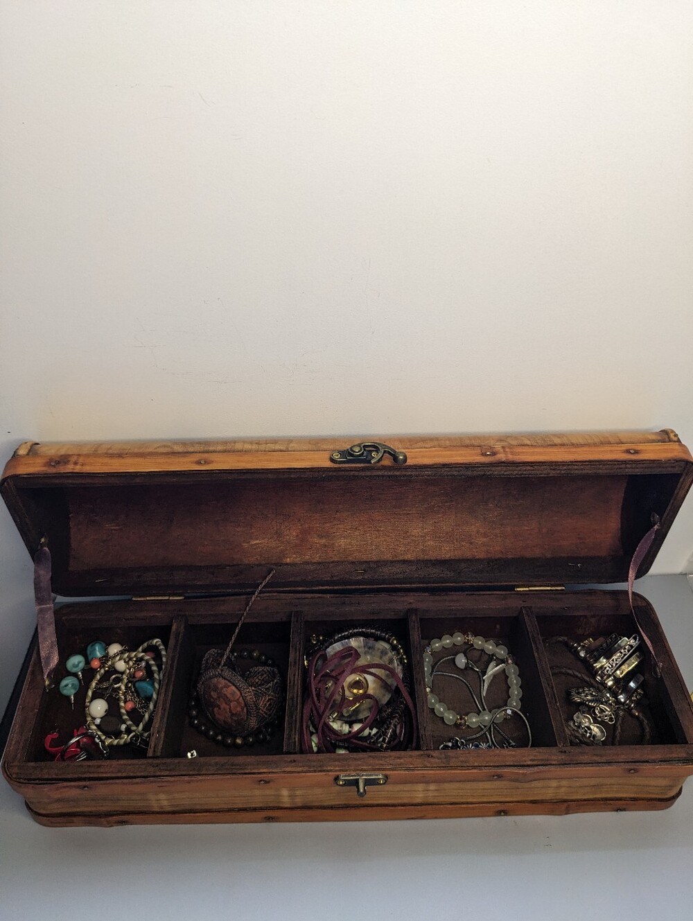 Boho Jewelry Lot In Wooden Box Mixed Bracelets Rings Earrings And Necklaces